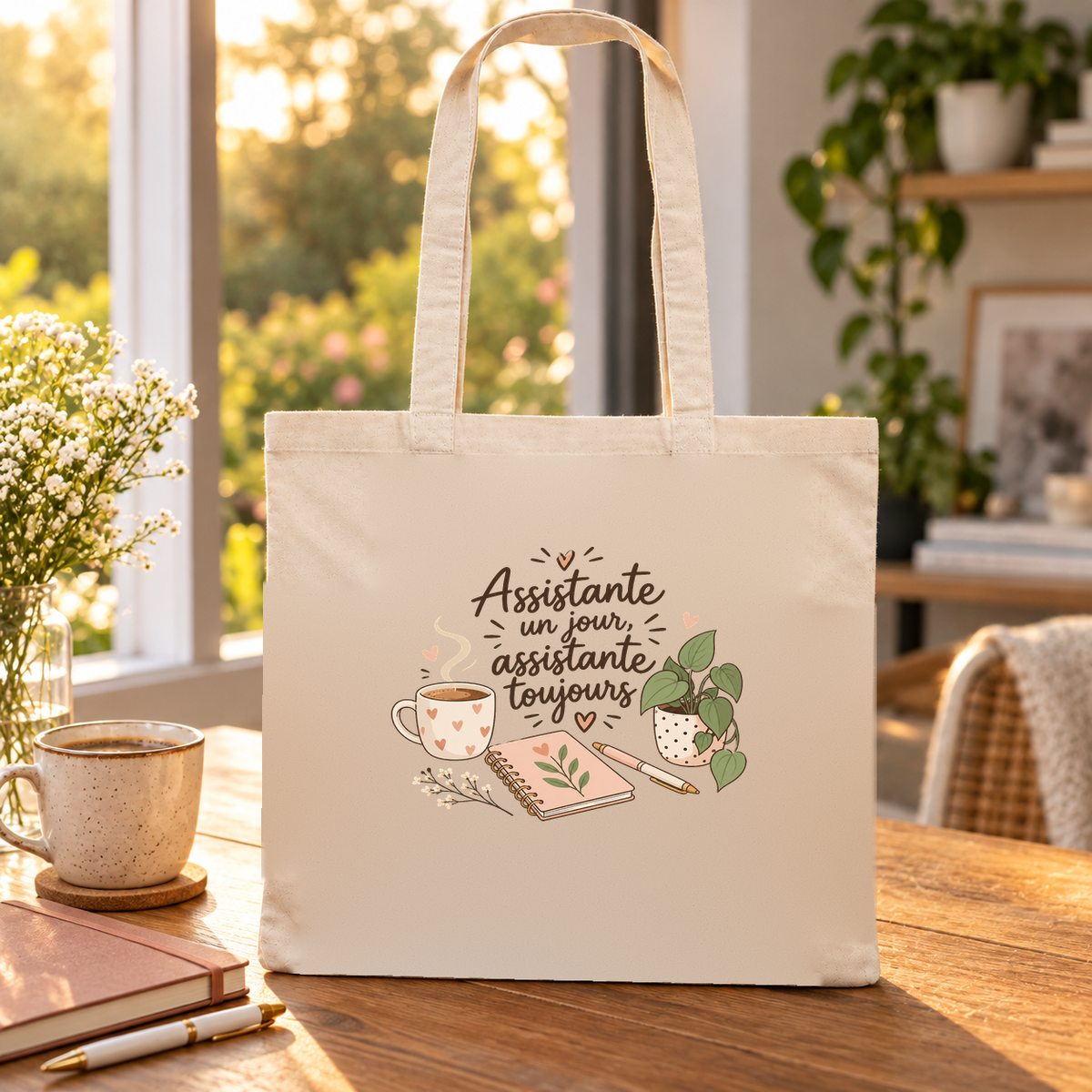 Tote bag assistante de direction « Assistante un jour, assistante toujours » Essentiel posé sur un bureau au soleil, à côté d'un carnet