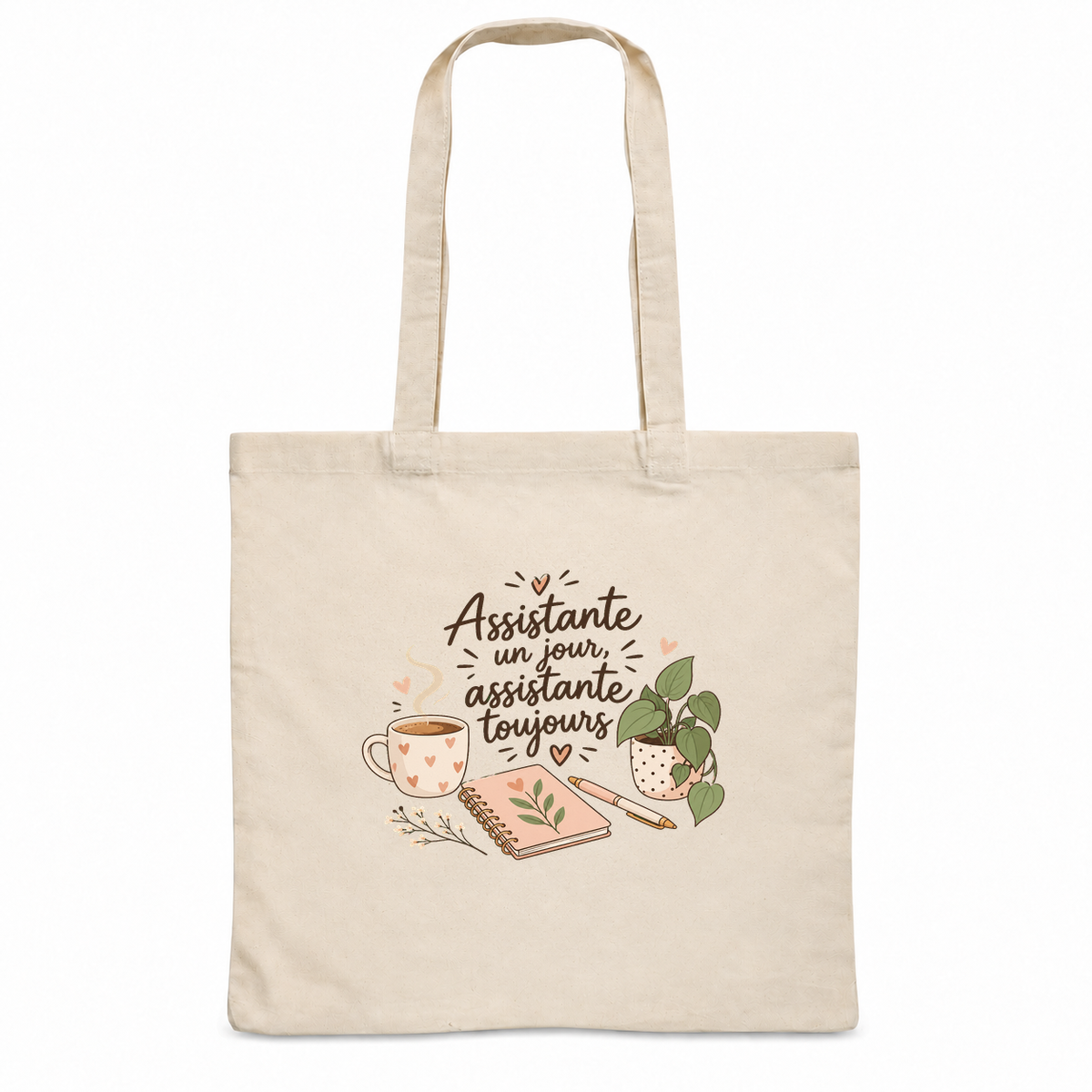 Tote bag assistante de direction « Assistante un jour, assistante toujours » Essentiel, sac plat en coton naturel 140 g/m² de 38 × 42 cm, illustration bohème d'une tasse de café, d'un carnet, d'un stylo et d'une plante en pot