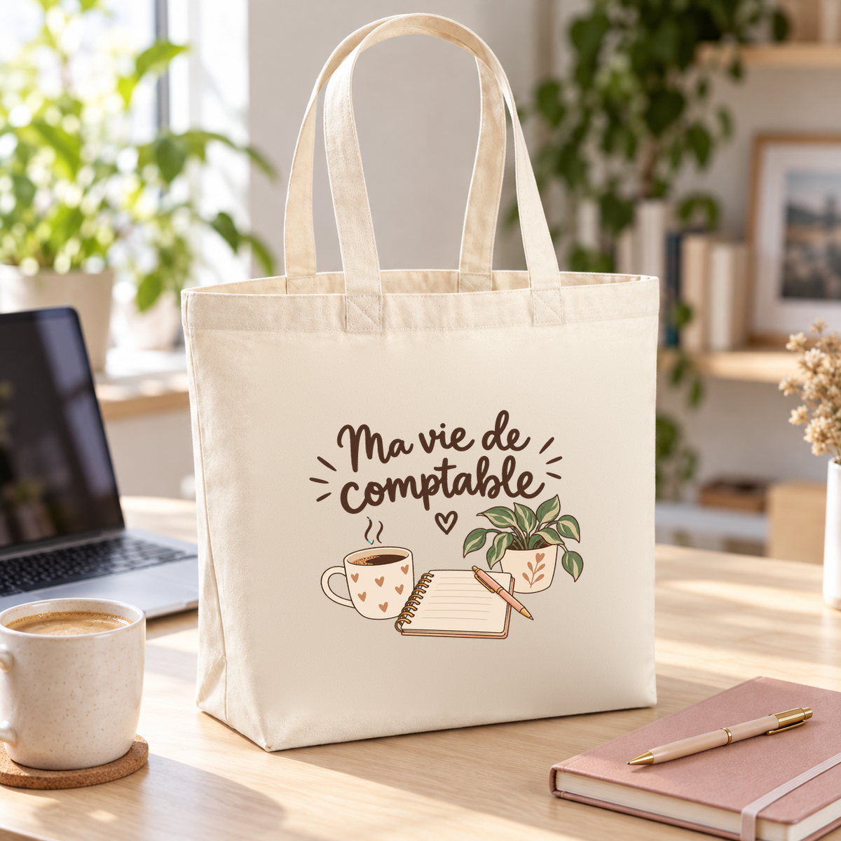 Tote bag comptable « Ma vie de comptable » Premium posé sur un bureau, à côté d'un ordinateur portable et d'un carnet
