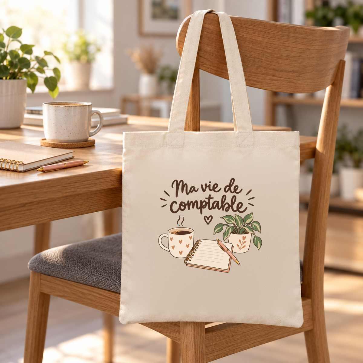 Tote bag comptable « Ma vie de comptable » Essentiel suspendu à une chaise près d'un bureau, à côté d'un mug