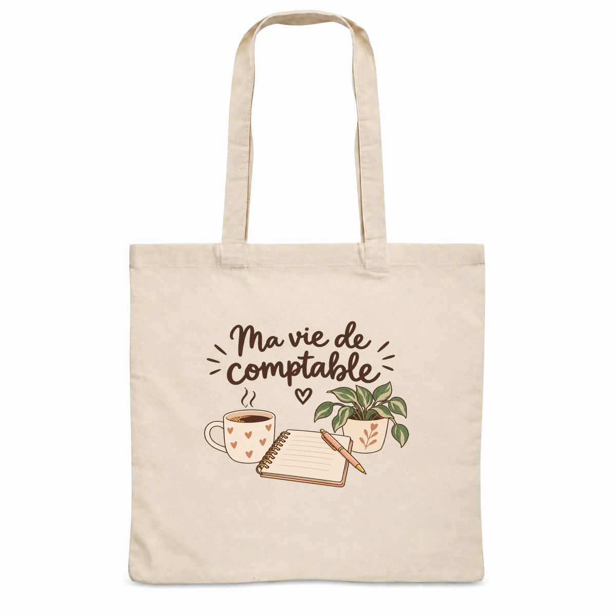 Tote bag comptable « Ma vie de comptable » Essentiel, sac plat en coton naturel 140 g/m² de 38 × 42 cm, illustration bohème d'une tasse de café, d'un carnet, d'un stylo et d'une plante en pot