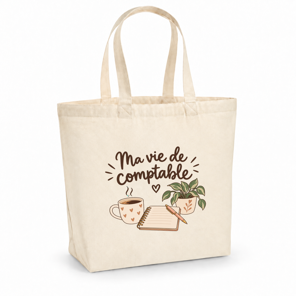 Tote bag comptable « Ma vie de comptable » Premium, cabas à soufflet en coton naturel 200 g/m² de 18 litres, illustration bohème d'une tasse de café, d'un carnet, d'un stylo et d'une plante en pot