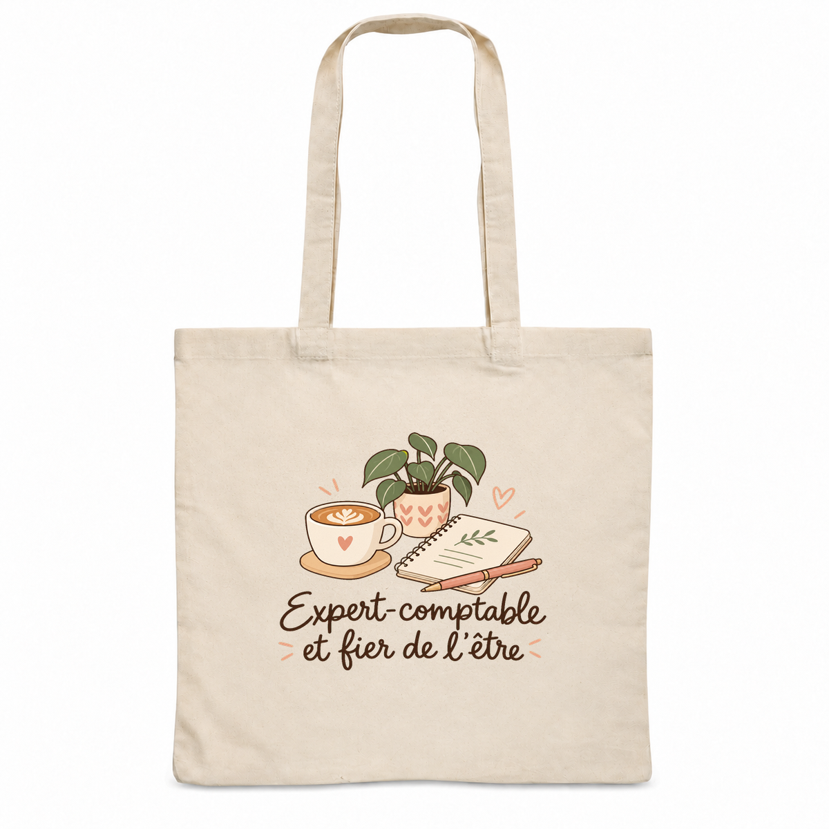 Tote bag expert-comptable « Expert-comptable et fier de l'être » Essentiel, sac plat en coton naturel 140 g/m² de 38 × 42 cm, illustration bohème d'une tasse de café, d'un carnet, d'un stylo et d'une plante en pot