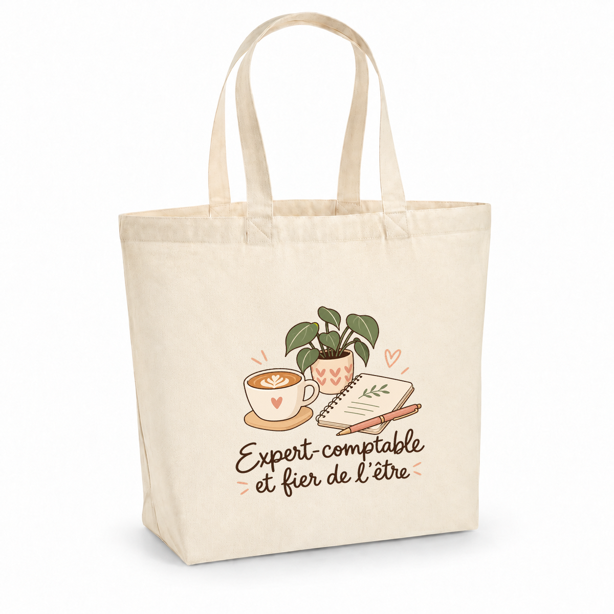 Tote bag expert-comptable « Expert-comptable et fier de l'être » Premium, cabas à soufflet en coton naturel 200 g/m² de 18 litres, illustration bohème d'une tasse de café, d'un carnet, d'un stylo et d'une plante en pot