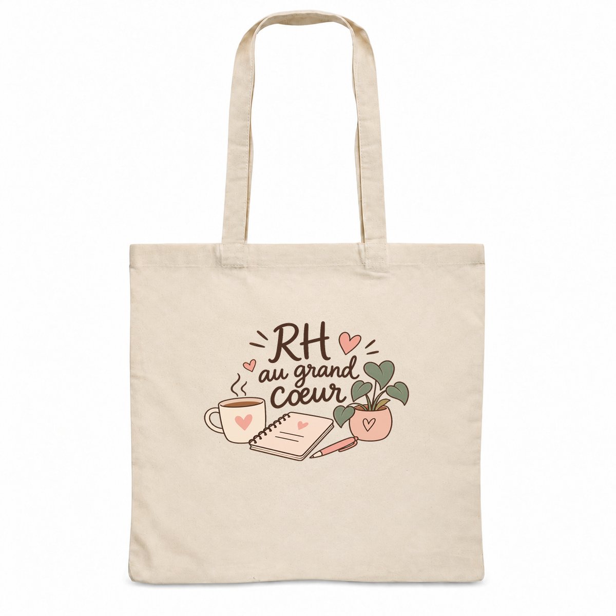 Tote bag chargée RH « RH au grand cœur » Essentiel, sac plat en coton naturel 140 g/m² de 38 × 42 cm, illustration bohème d'une tasse de café, d'un carnet, d'un stylo et d'une plante en pot