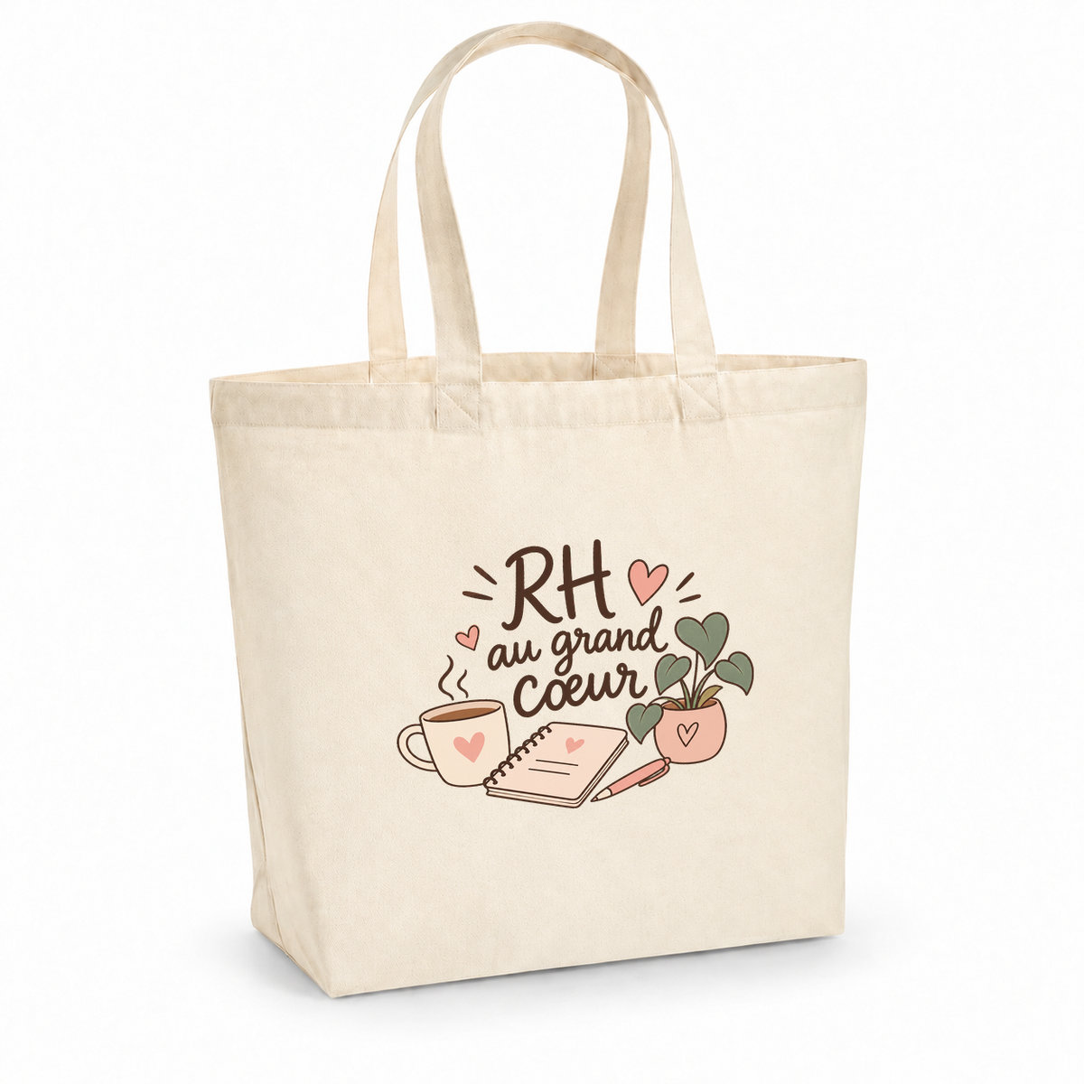 Tote bag chargée RH « RH au grand cœur » Premium, cabas à soufflet en coton naturel 200 g/m² de 18 litres, illustration bohème d'une tasse de café, d'un carnet, d'un stylo et d'une plante en pot
