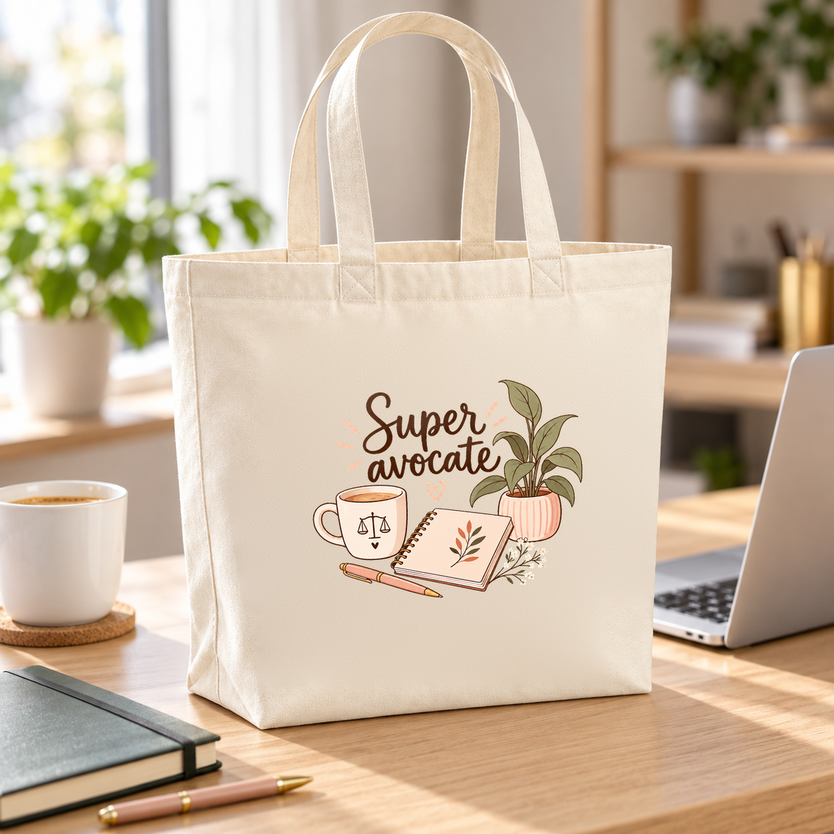 Tote bag avocate « Super avocate » Premium posé sur un bureau, à côté d'un ordinateur portable et d'un mug