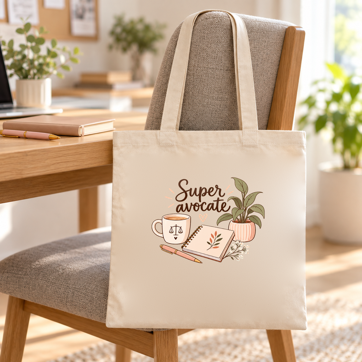 Tote bag avocate « Super avocate » Essentiel suspendu à une chaise de bureau, à côté d'une pile de livres