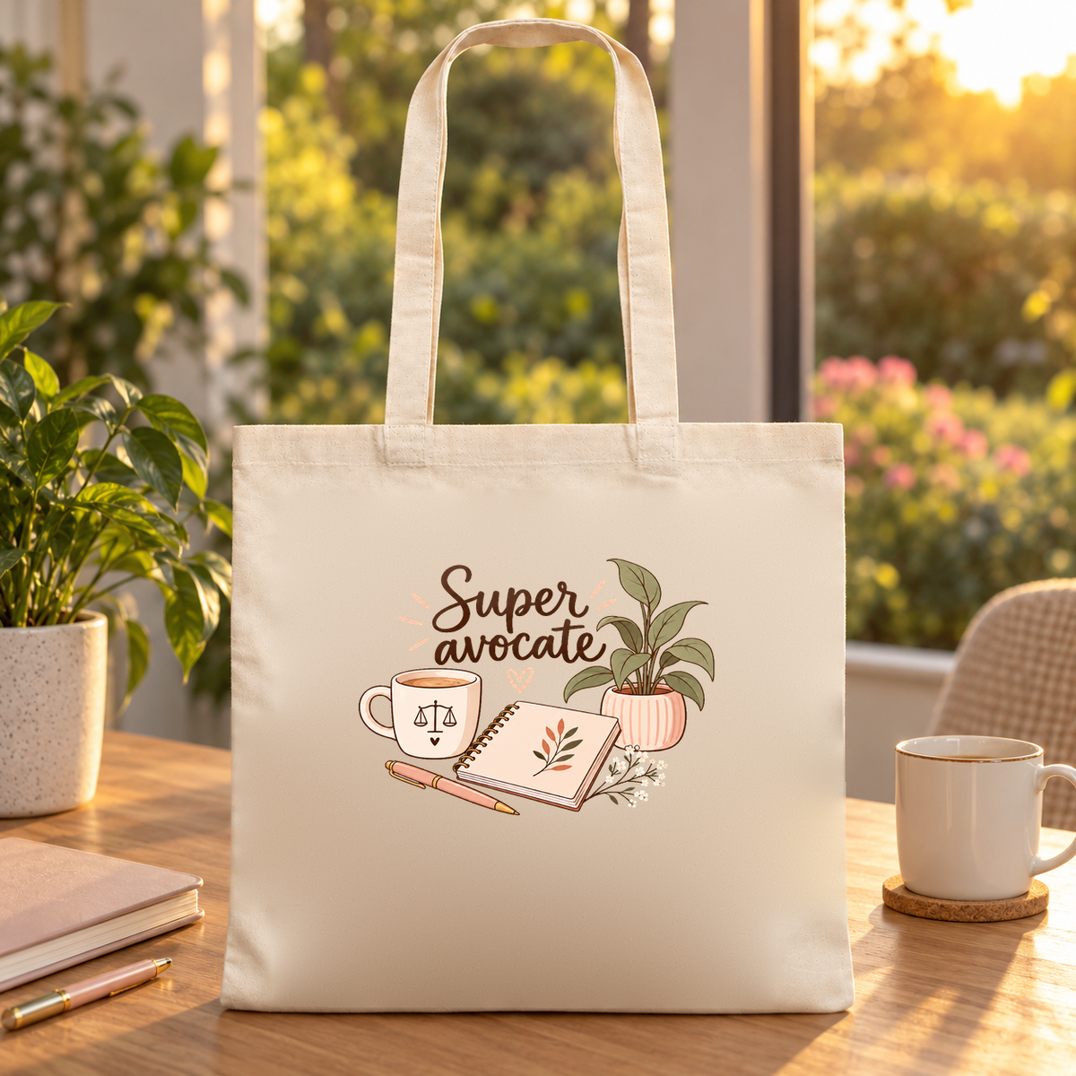 Tote bag avocate « Super avocate » Essentiel posé sur une table au soleil, à côté d'un mug