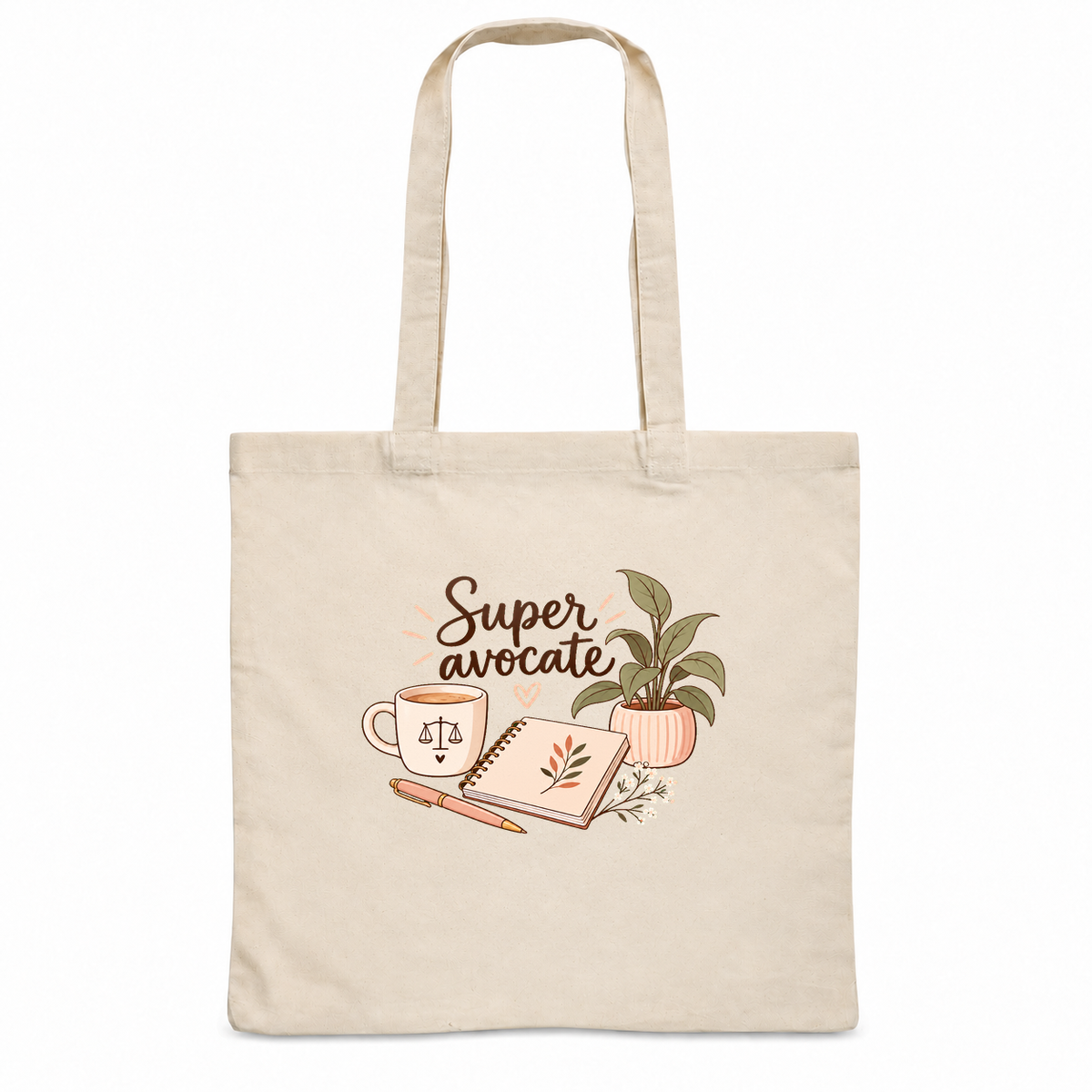 Tote bag avocate « Super avocate » Essentiel, sac plat en coton naturel 140 g/m² de 38 × 42 cm, illustration bohème d'une tasse ornée d'une balance de la justice, d'un carnet, d'un stylo et d'une plante