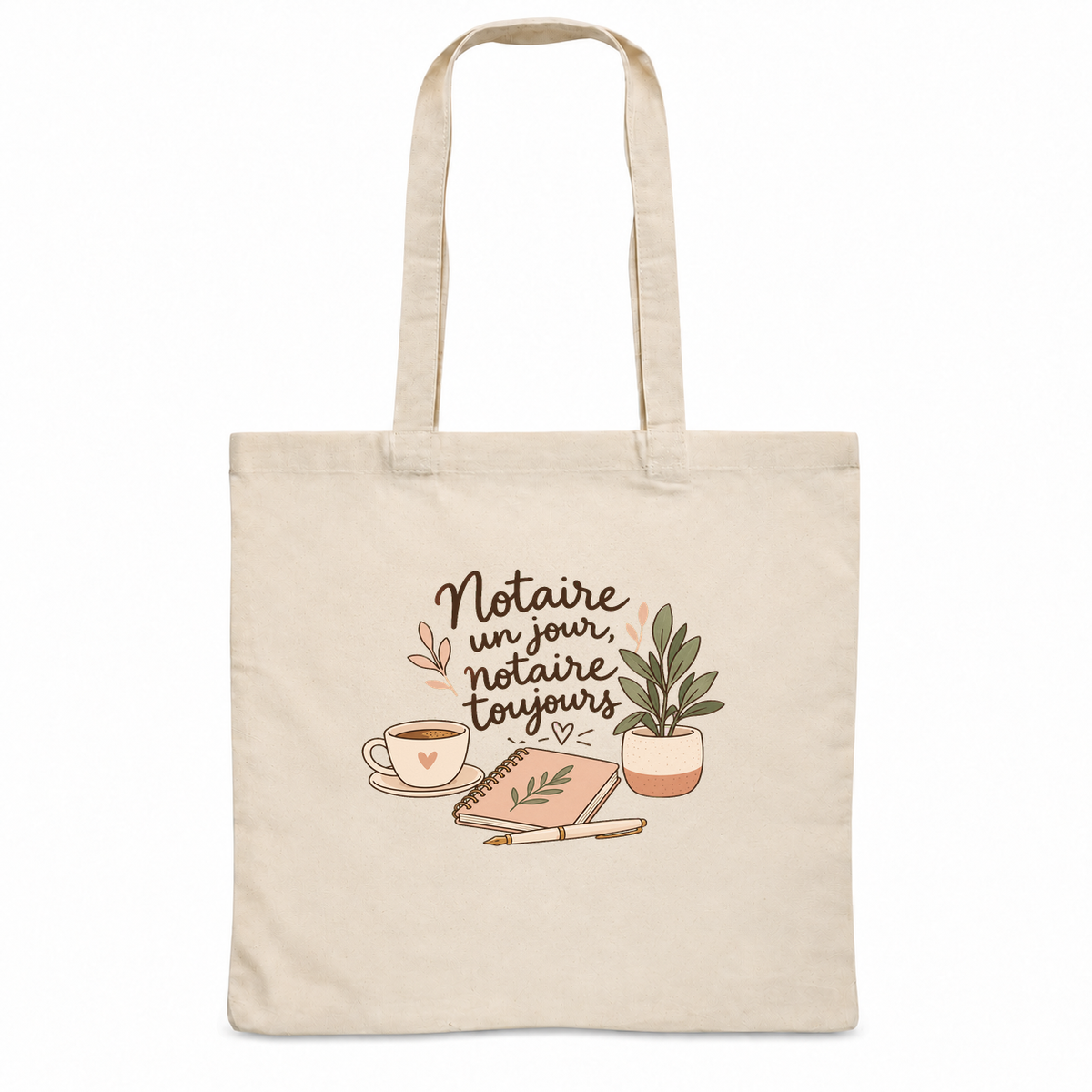 Tote bag notaire « Notaire un jour, notaire toujours » Essentiel, sac plat en coton naturel 140 g/m² de 38 × 42 cm, illustration bohème d'un stylo plume, d'un carnet, d'une tasse de café et d'une plante