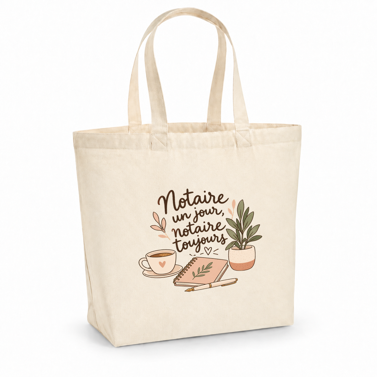 Tote bag notaire « Notaire un jour, notaire toujours » Premium, cabas à soufflet en coton naturel 200 g/m² de 18 litres, illustration bohème d'un stylo plume, d'un carnet, d'une tasse de café et d'une plante