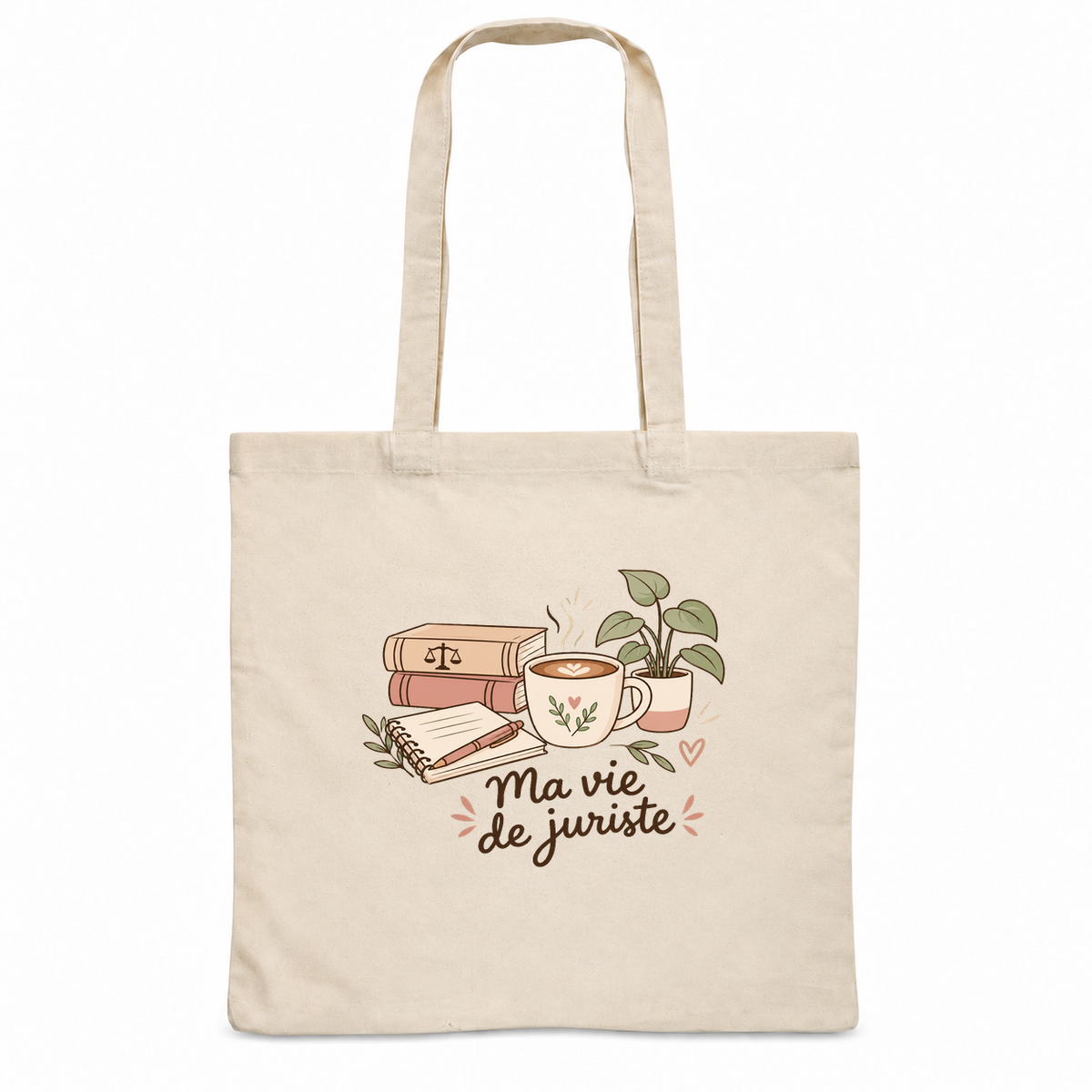 Tote bag juriste « Ma vie de juriste » Essentiel, sac plat en coton naturel 140 g/m² de 38 × 42 cm, illustration bohème de livres de droit, d'une balance de la justice, d'une tasse et d'une plante