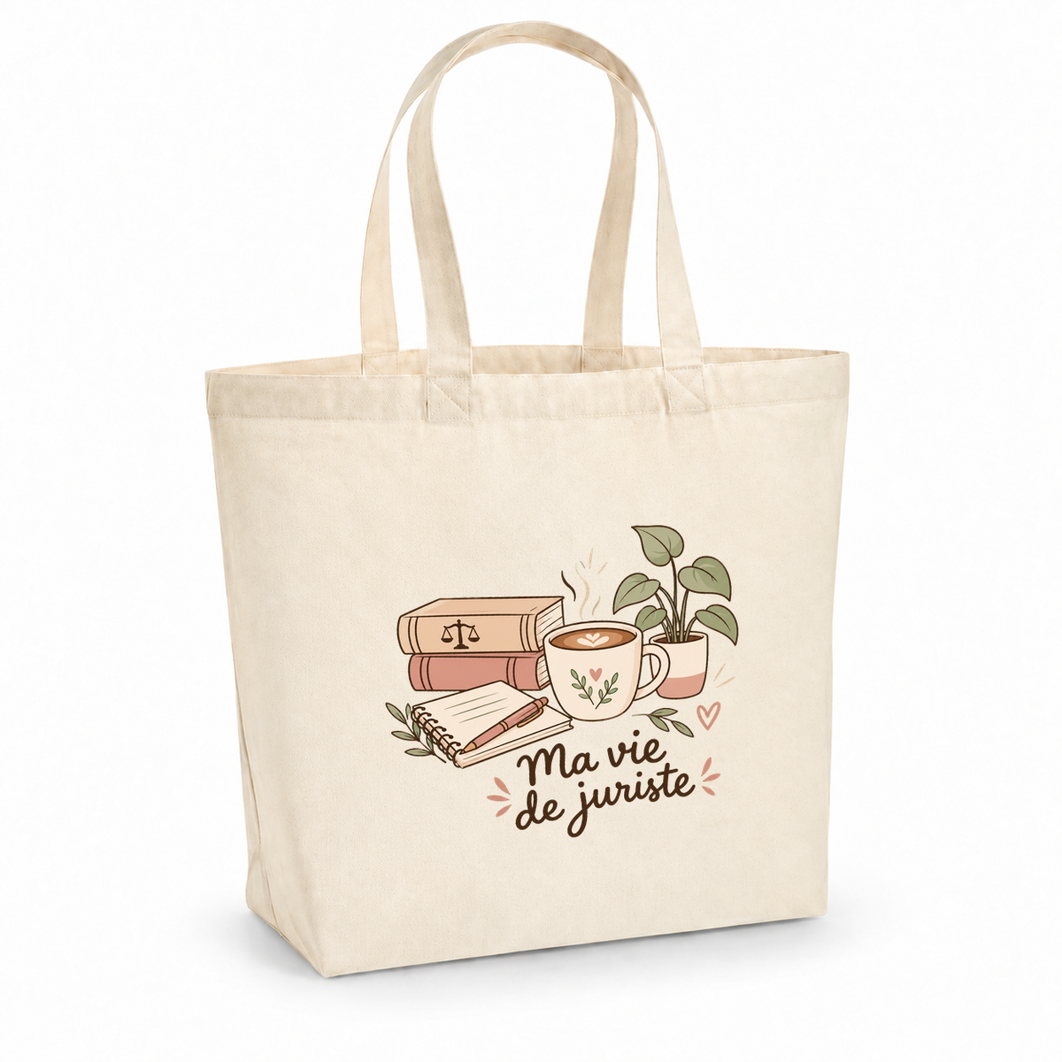 Tote bag juriste « Ma vie de juriste » Premium, cabas à soufflet en coton naturel 200 g/m² de 18 litres, illustration bohème de livres de droit, d'une balance de la justice, d'une tasse et d'une plante