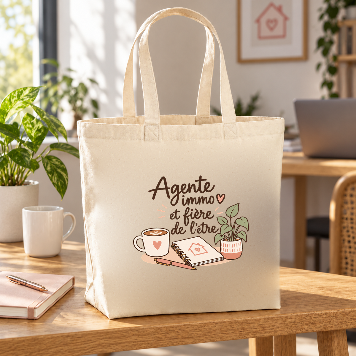 Tote bag agente immobilière « Agente immo et fière de l'être » Premium posé sur un bureau, à côté d'un ordinateur portable et d'un carnet