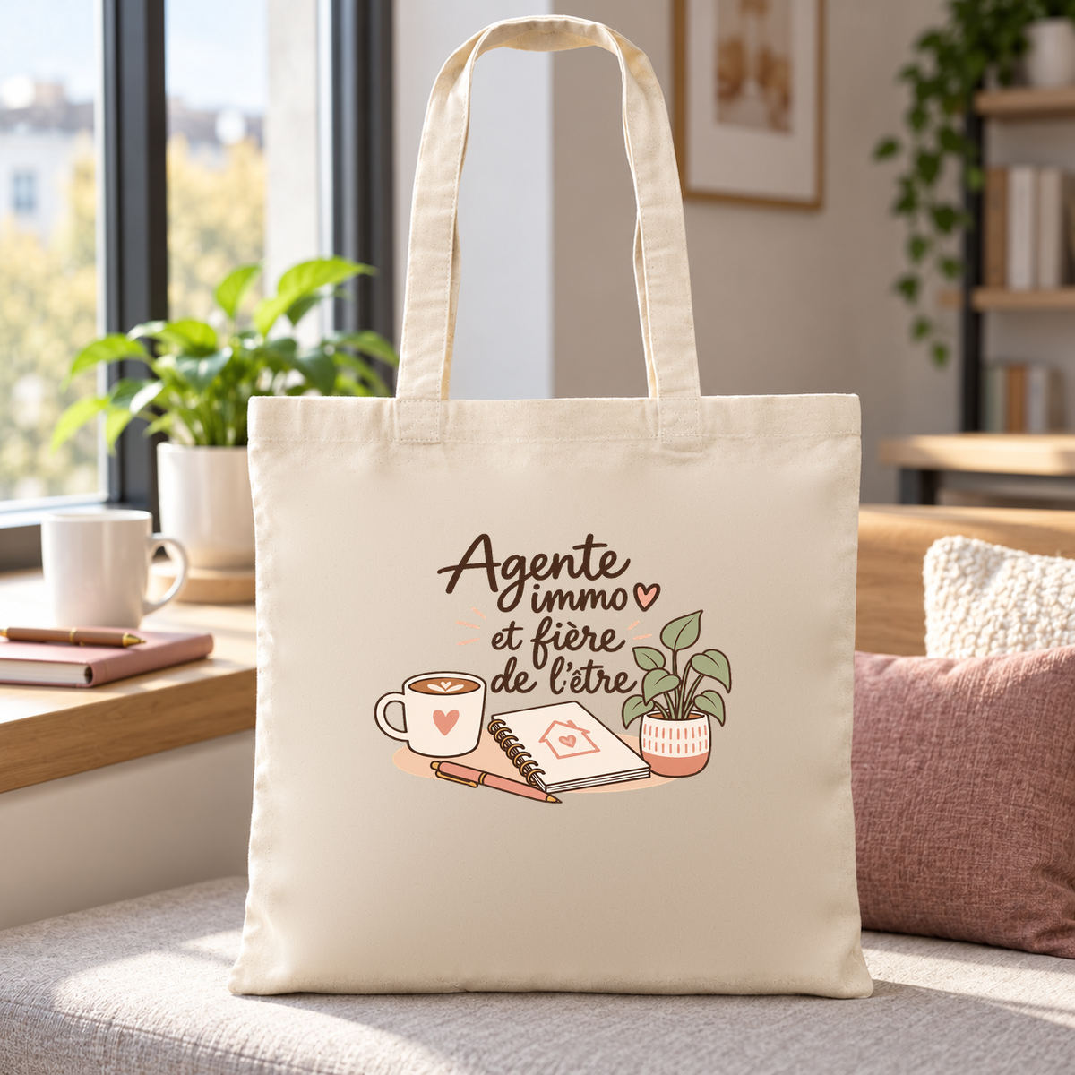 Tote bag agente immobilière « Agente immo et fière de l'être » Essentiel posé sur une banquette, à côté d'un coussin rose