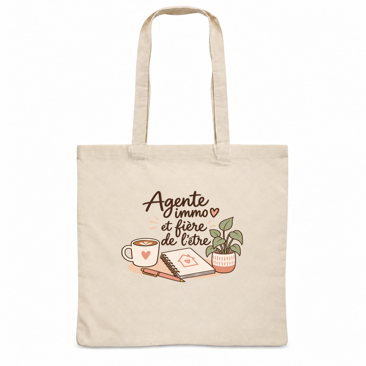 Tote bag agente immobilière « Agente immo et fière de l'être » Essentiel, sac plat en coton naturel 140 g/m² de 38 × 42 cm, illustration bohème d'un carnet orné d'une maison, d'une tasse de café, d'un stylo et d'une plante