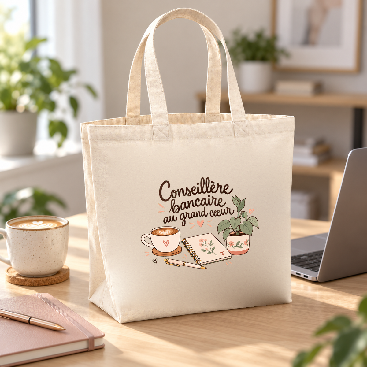Tote bag conseillère bancaire « Conseillère bancaire au grand cœur » Premium posé sur un bureau, à côté d'un ordinateur portable et d'une tasse