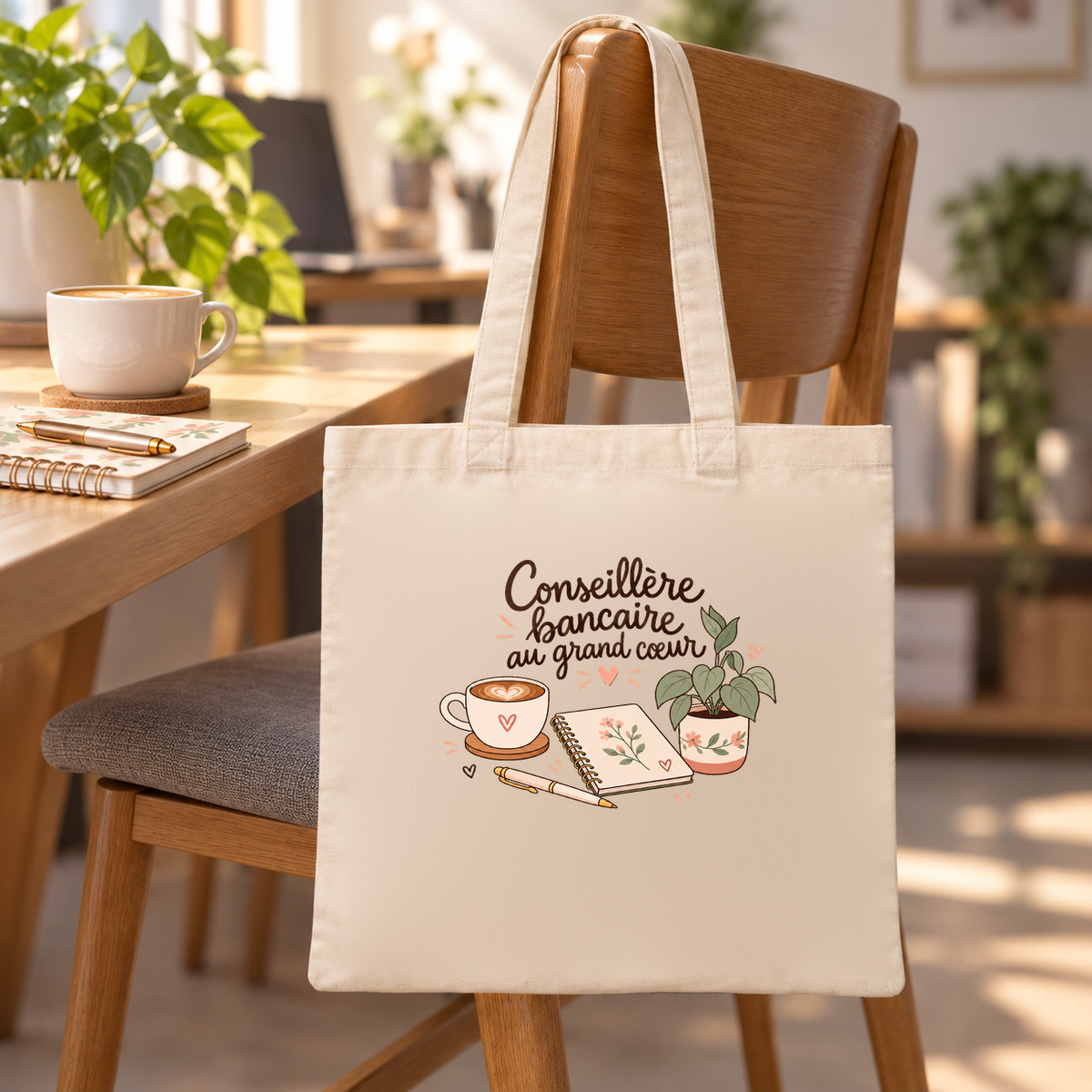 Tote bag conseillère bancaire « Conseillère bancaire au grand cœur » Essentiel suspendu à une chaise de bureau, à côté d'un mug