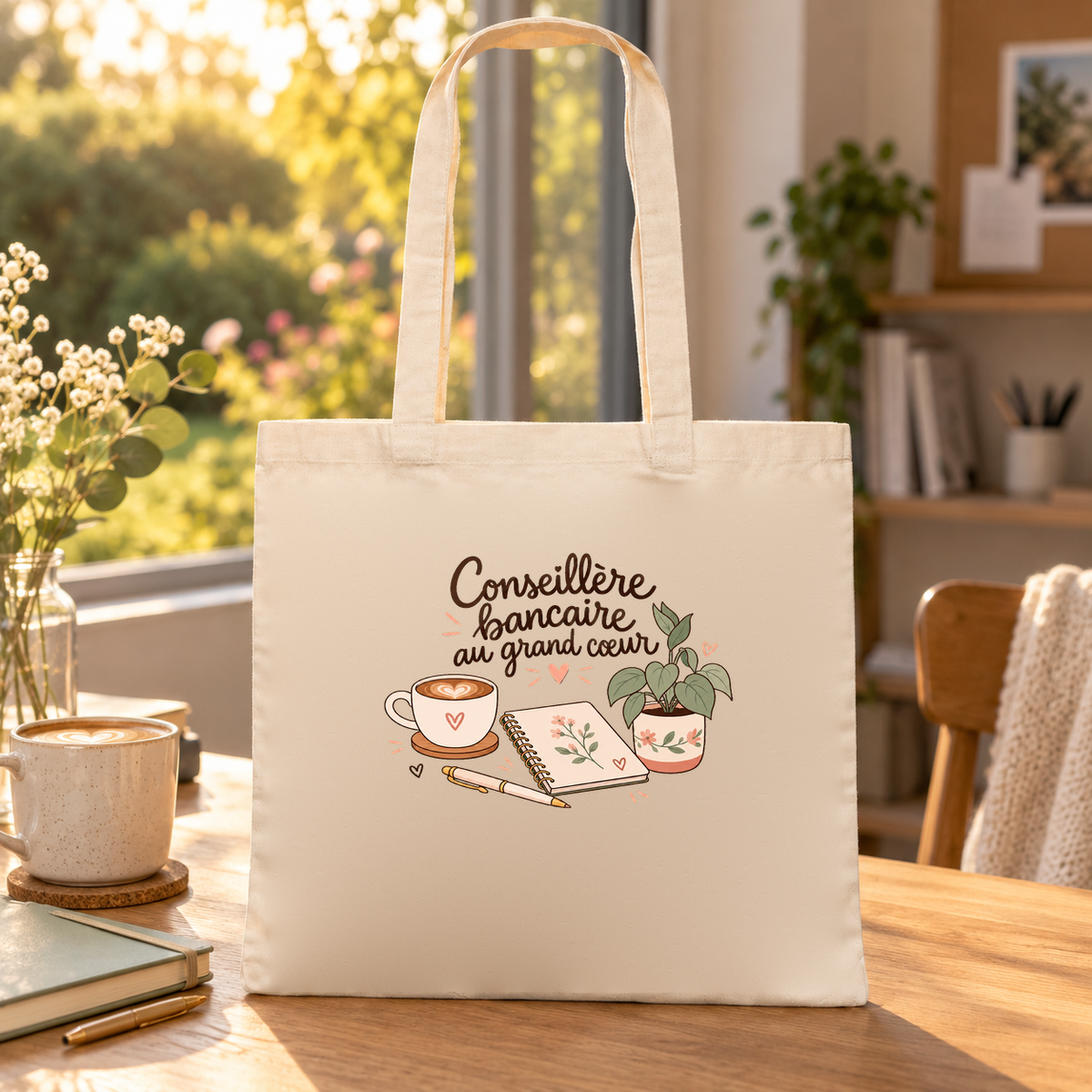 Tote bag conseillère bancaire « Conseillère bancaire au grand cœur » Essentiel posé sur une table au soleil, à côté d'un carnet