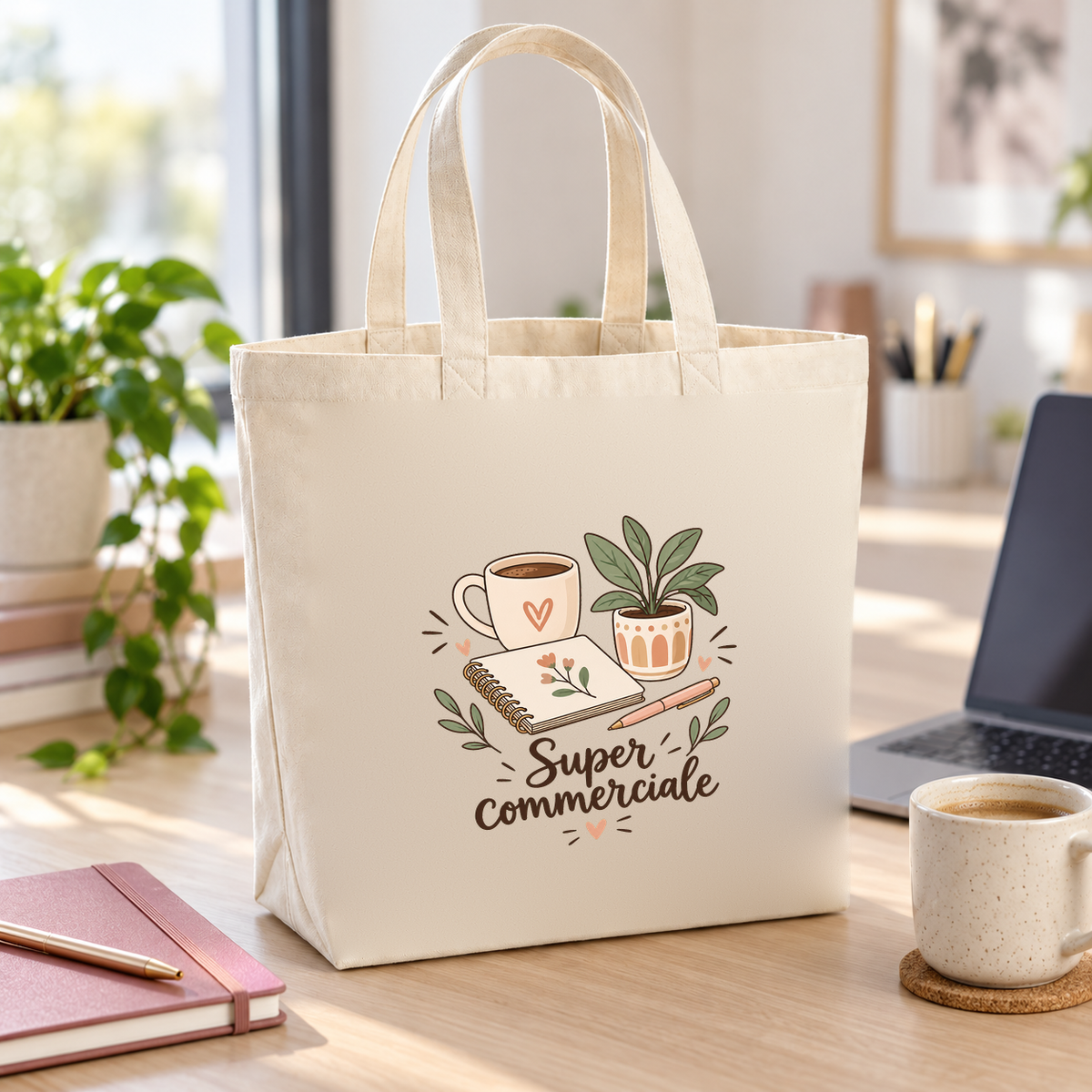 Tote bag commerciale « Super commerciale » Premium posé sur un bureau, à côté d'un ordinateur portable et d'un carnet
