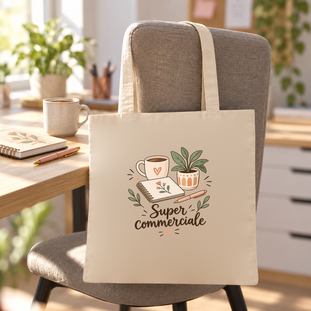 Tote bag commerciale « Super commerciale » Essentiel suspendu à une chaise de bureau, à côté d'un mug