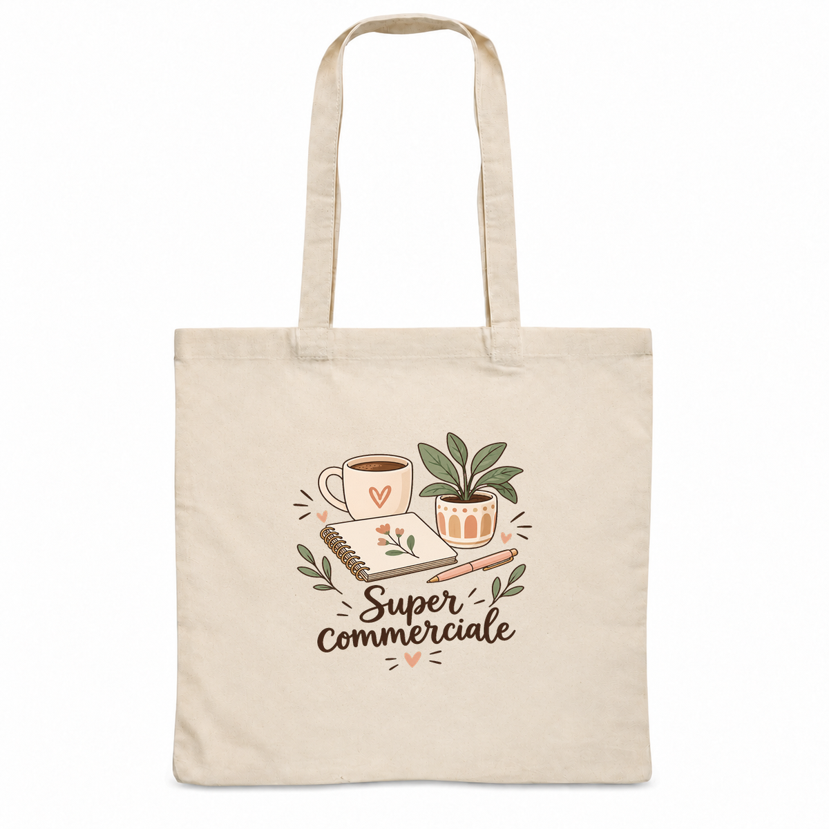 Tote bag commerciale « Super commerciale » Essentiel, sac plat en coton naturel 140 g/m² de 38 × 42 cm, illustration bohème d'une tasse de café, d'un carnet, d'un stylo et d'une plante en pot