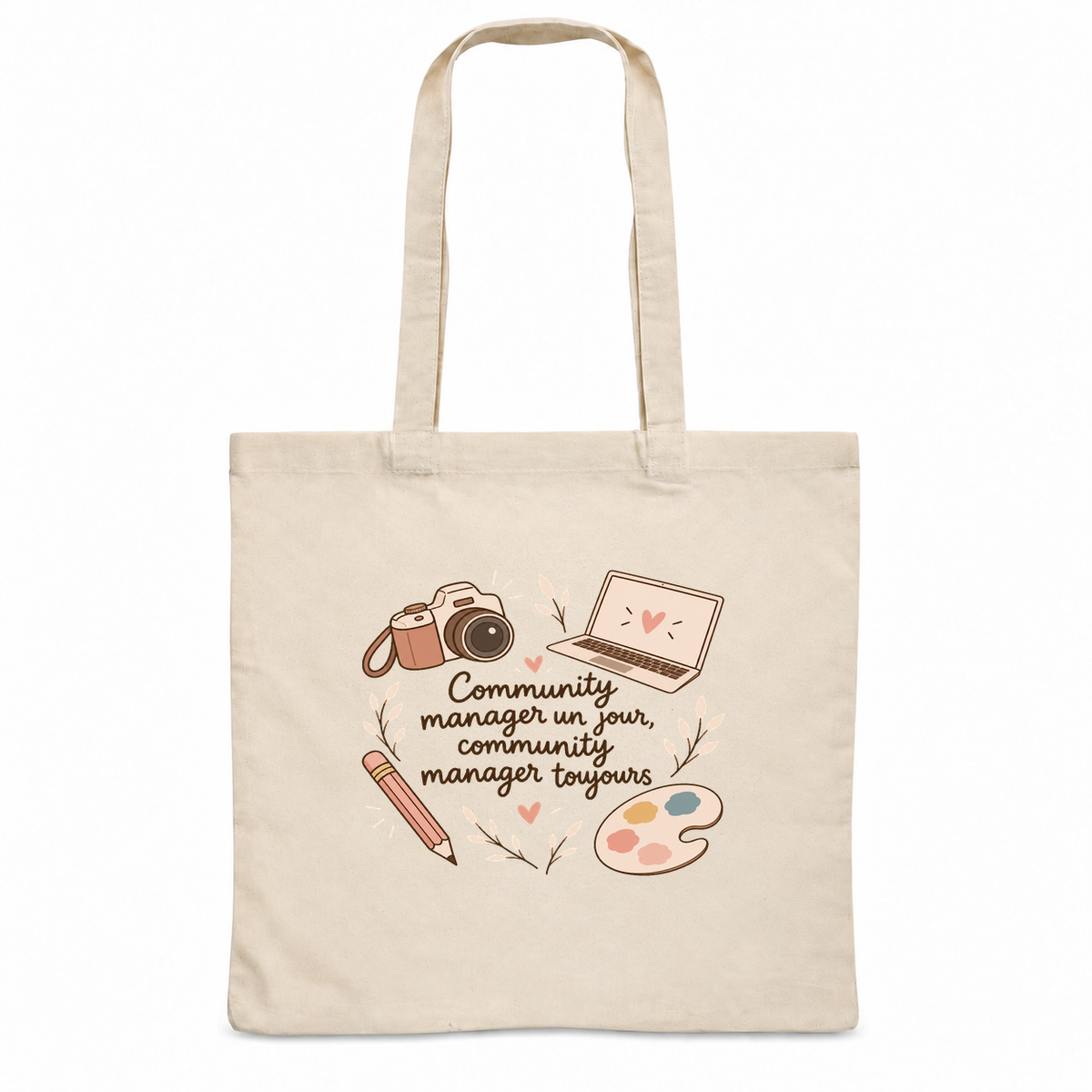 Tote bag community manager Essentiel, sac plat en coton naturel 140 g/m² de 38 × 42 cm, illustration bohème d'un appareil photo, d'un ordinateur portable, d'un crayon et d'une palette