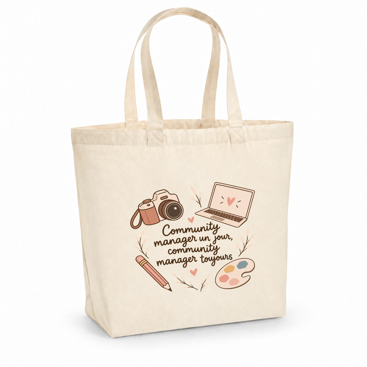 Tote bag community manager Premium, cabas à soufflet en coton naturel 200 g/m² de 18 litres, illustration bohème d'un appareil photo, d'un ordinateur portable, d'un crayon et d'une palette