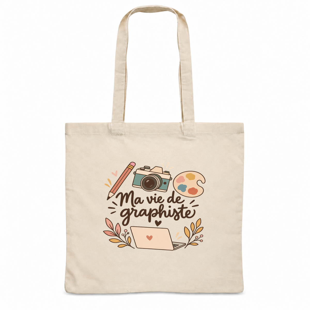 Tote bag graphiste « Ma vie de graphiste » Essentiel, sac plat en coton naturel 140 g/m² de 38 × 42 cm, illustration bohème d'un appareil photo, d'un ordinateur portable, d'un crayon et d'une palette