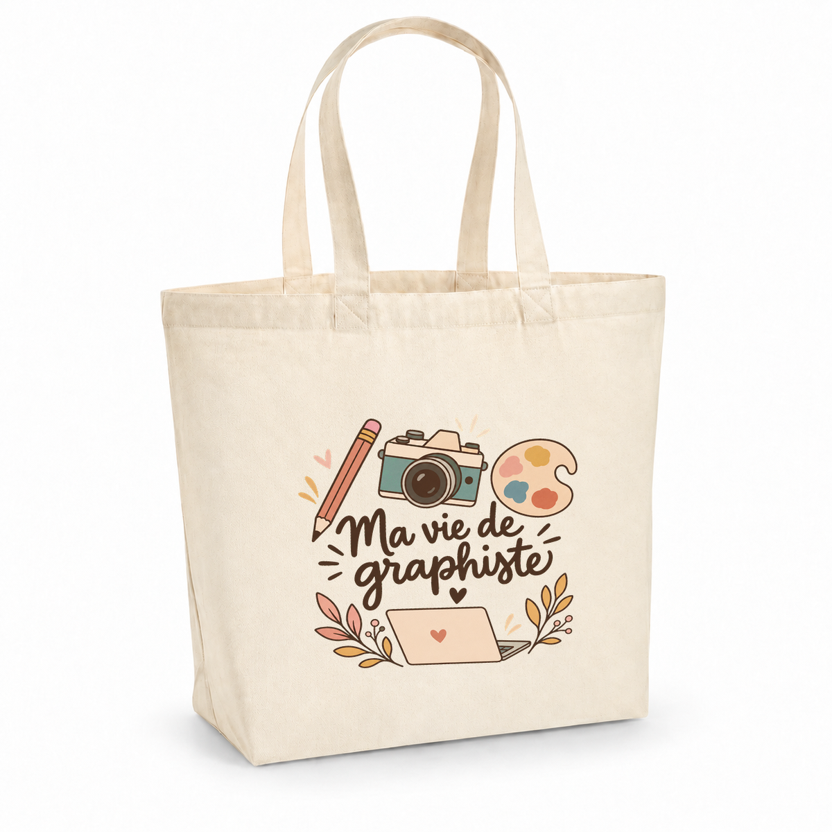 Tote bag graphiste « Ma vie de graphiste » Premium, cabas à soufflet en coton naturel 200 g/m² de 18 litres, illustration bohème d'un appareil photo, d'un ordinateur portable, d'un crayon et d'une palette