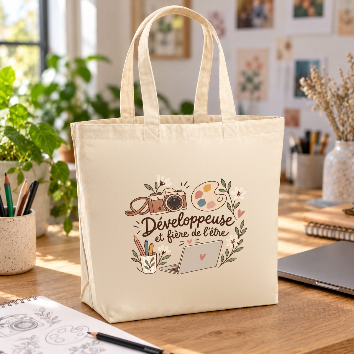 Tote bag développeuse « Développeuse et fière de l'être » Premium posé sur un bureau, à côté d'un ordinateur portable et de croquis