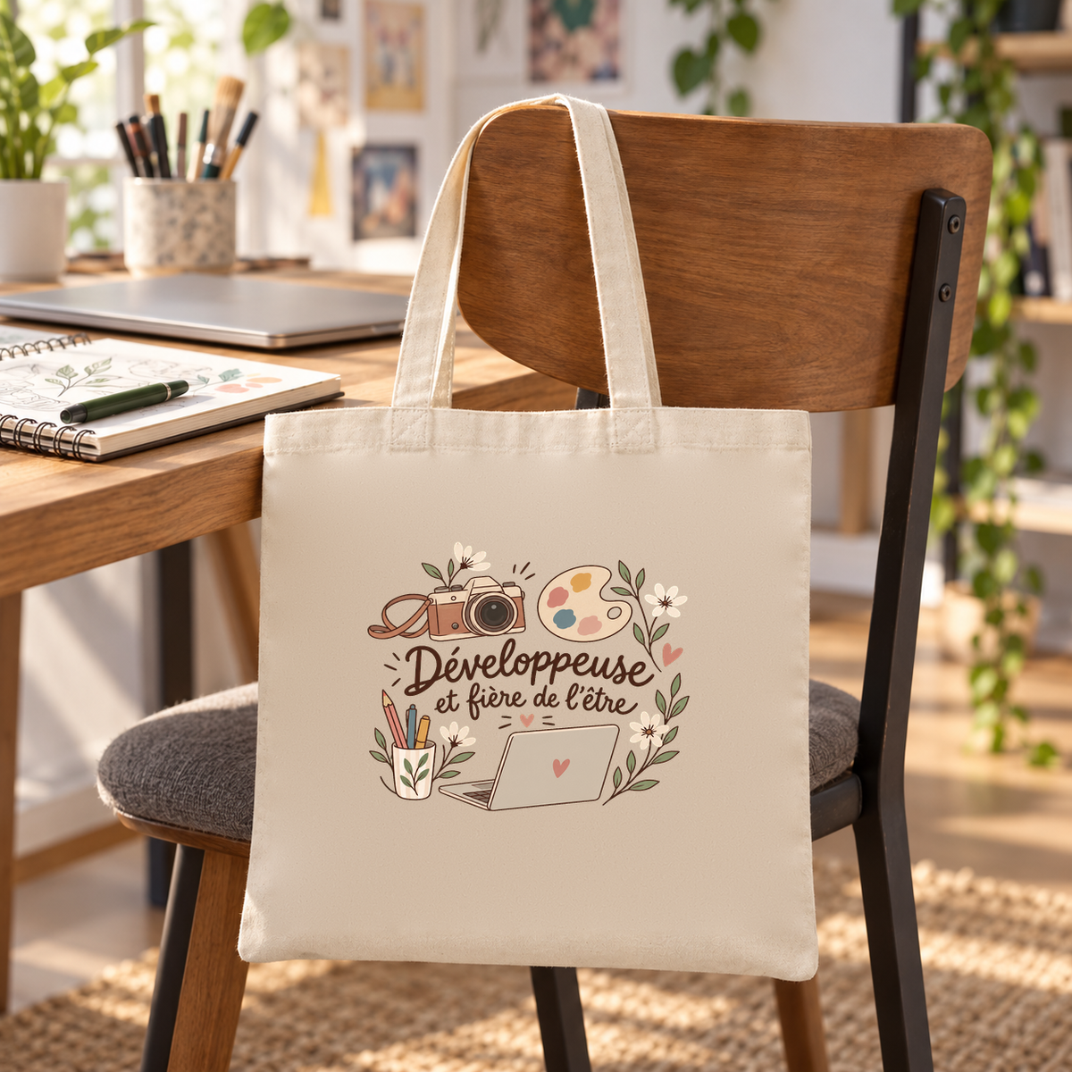 Tote bag développeuse « Développeuse et fière de l'être » Essentiel suspendu à une chaise de bureau, à côté d'un ordinateur portable