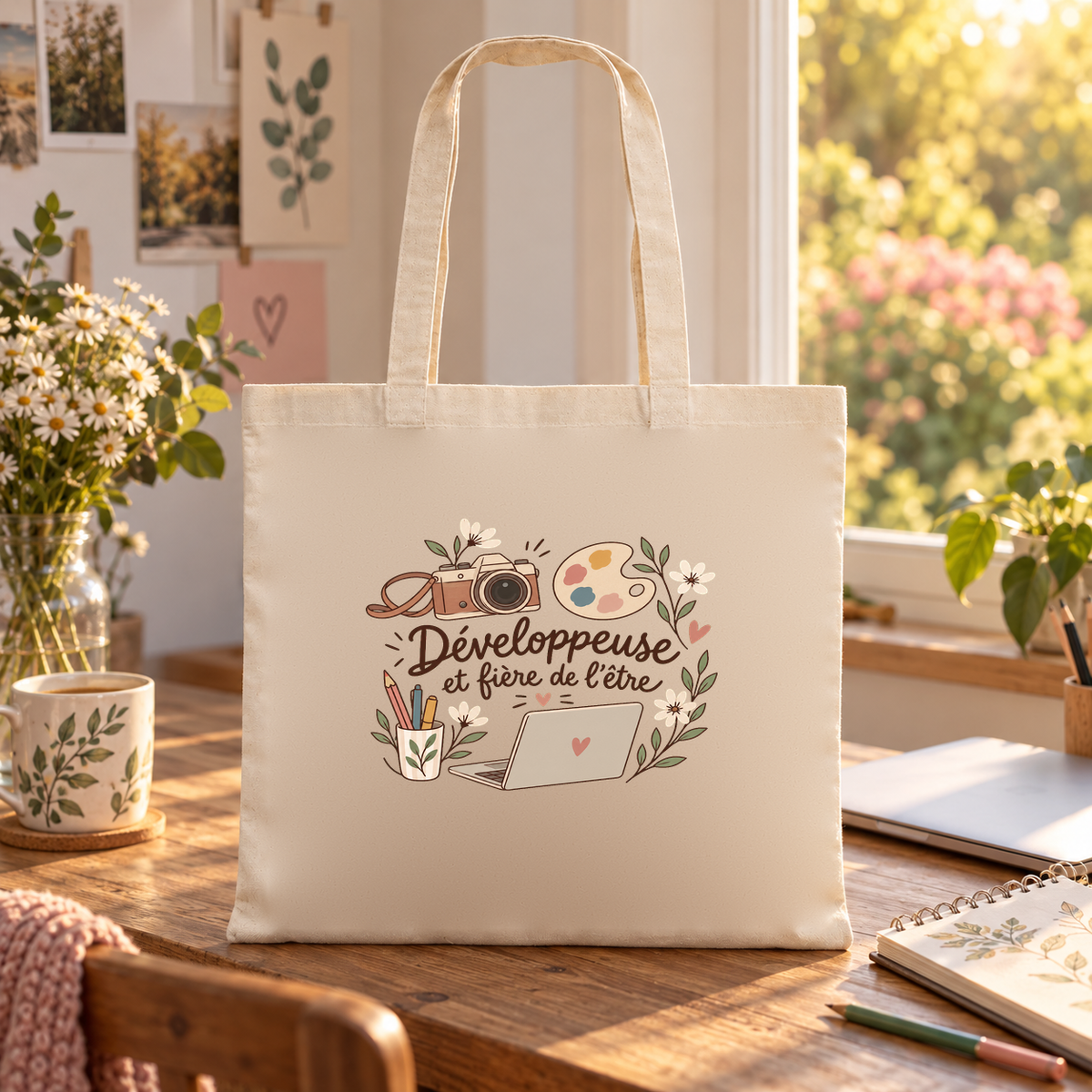 Tote bag développeuse « Développeuse et fière de l'être » Essentiel posé sur un bureau au soleil, à côté d'un carnet