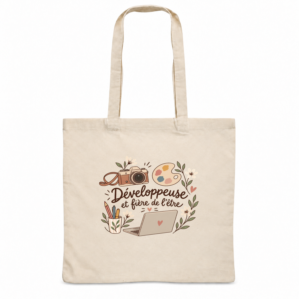 Tote bag développeuse « Développeuse et fière de l'être » Essentiel, sac plat en coton naturel 140 g/m² de 38 × 42 cm, illustration bohème d'un appareil photo, d'un ordinateur portable, d'un crayon et d'une palette
