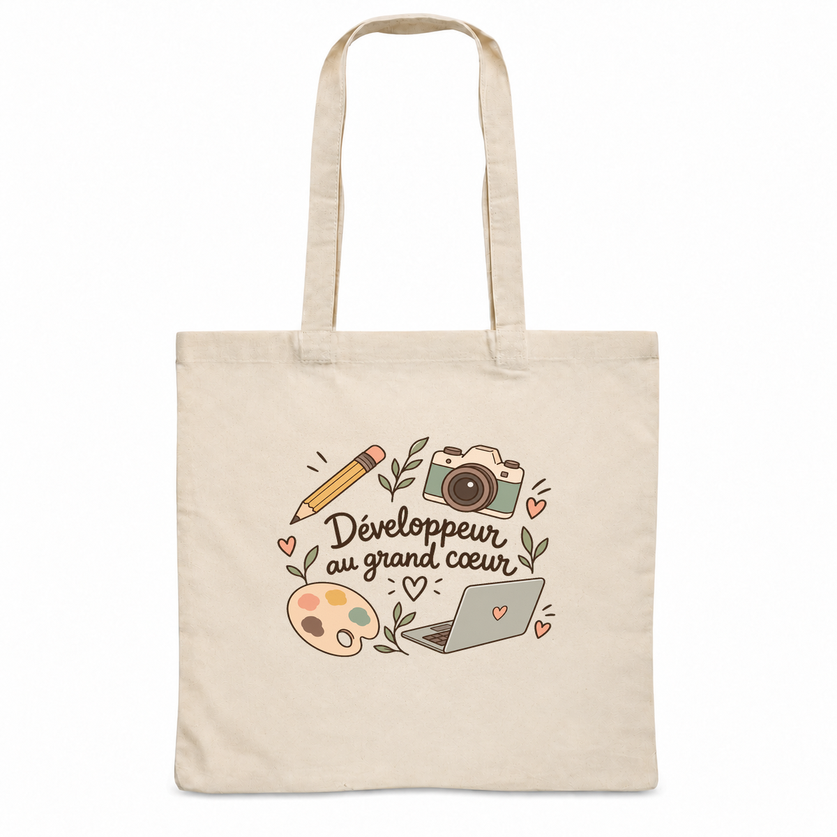 Tote bag développeur « Développeur au grand cœur » Essentiel, sac plat en coton naturel 140 g/m² de 38 × 42 cm, illustration bohème d'un appareil photo, d'un ordinateur portable, d'un crayon et d'une palette