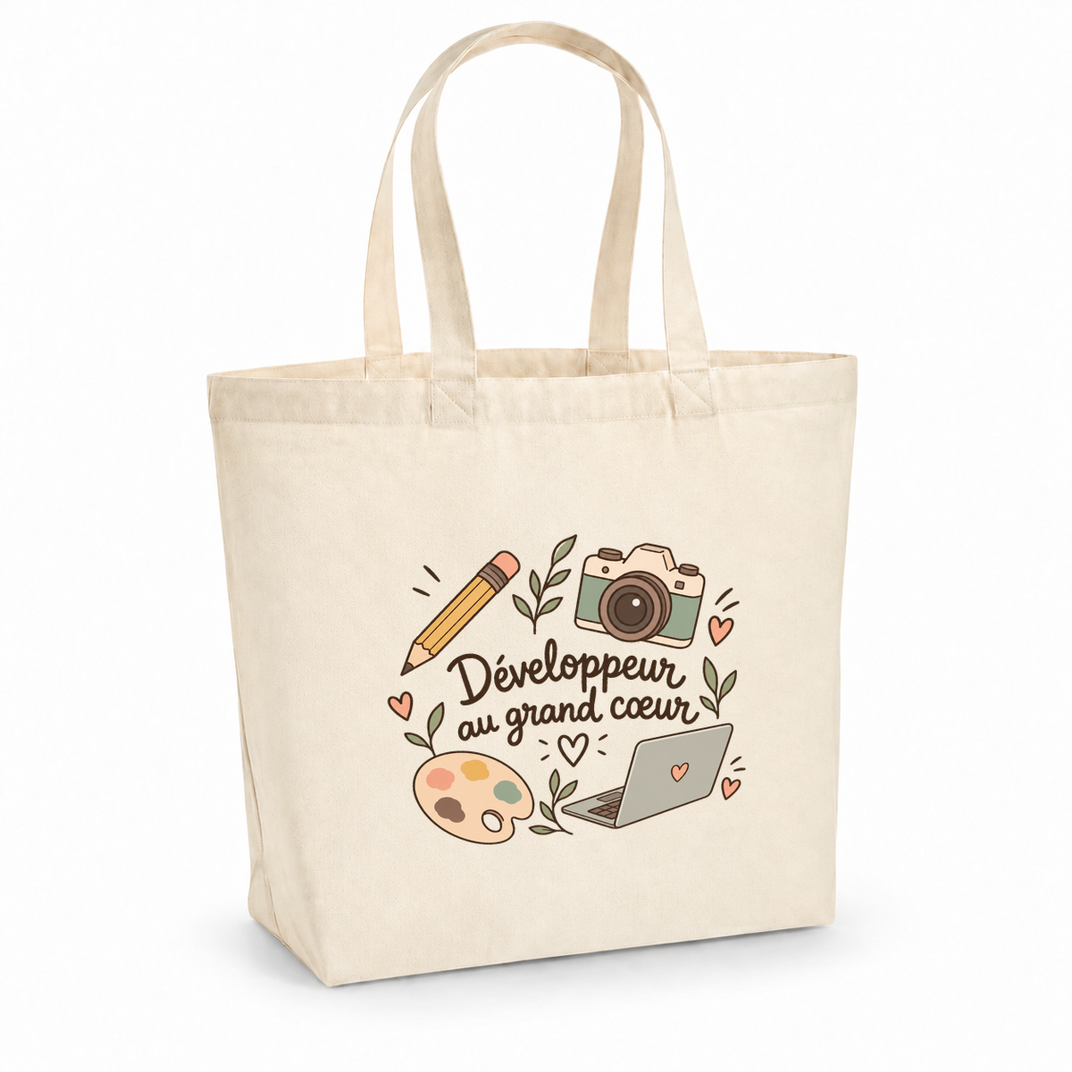 Tote bag développeur « Développeur au grand cœur » Premium, cabas à soufflet en coton naturel 200 g/m² de 18 litres, illustration bohème d'un appareil photo, d'un ordinateur portable, d'un crayon et d'une palette