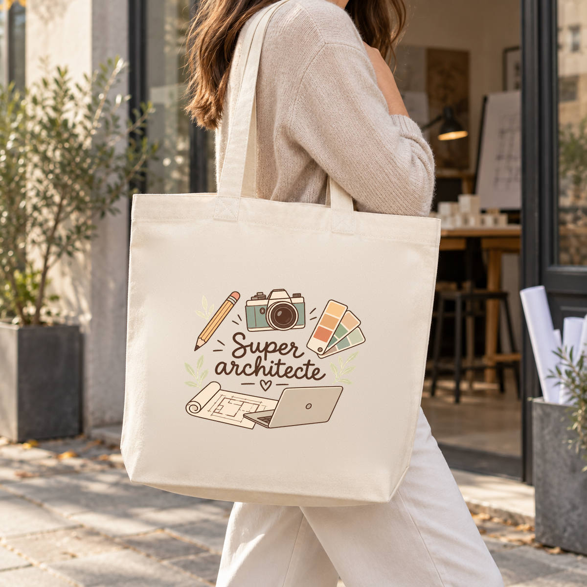 Tote bag architecte « Super architecte » Premium porté à l'épaule devant un cabinet d'architecture