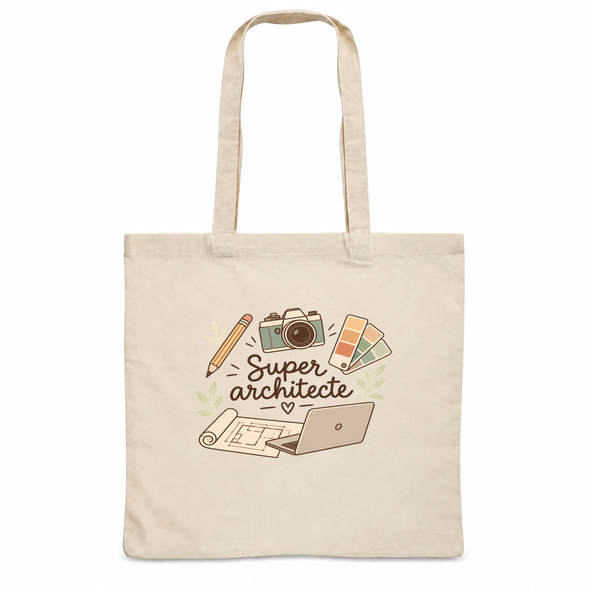 Tote bag architecte « Super architecte » Essentiel, sac plat en coton naturel 140 g/m² de 38 × 42 cm, illustration bohème d'un plan d'architecte, d'un nuancier, d'un crayon et d'un ordinateur