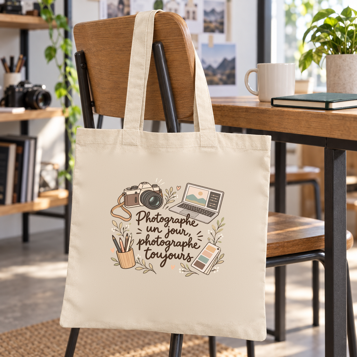 Tote bag photographe Essentiel suspendu à une chaise du studio, à côté d'un mug