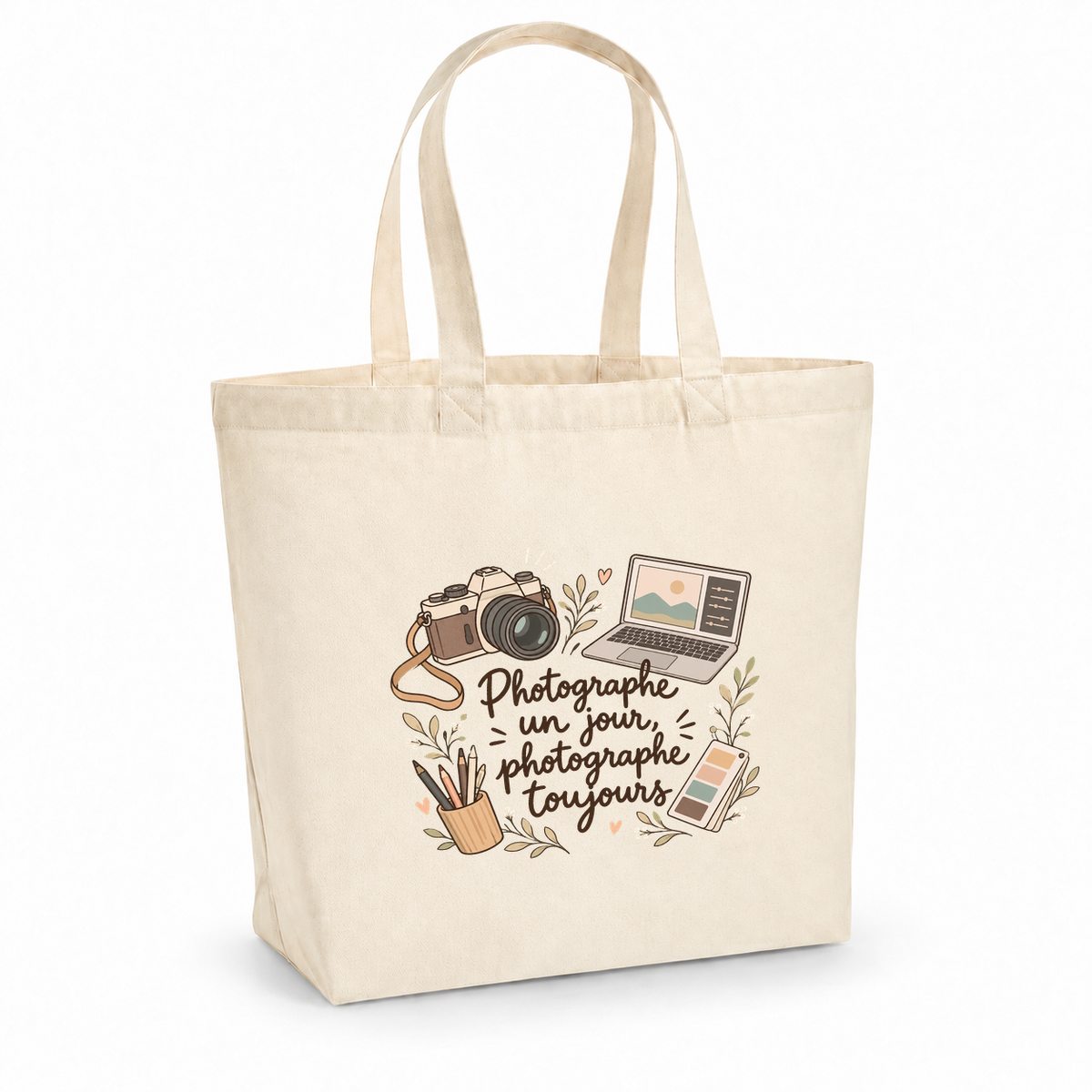 Tote bag photographe Premium, cabas à soufflet en coton naturel 200 g/m² de 18 litres, illustration bohème d'un appareil photo, d'un ordinateur portable, d'un nuancier et de crayons