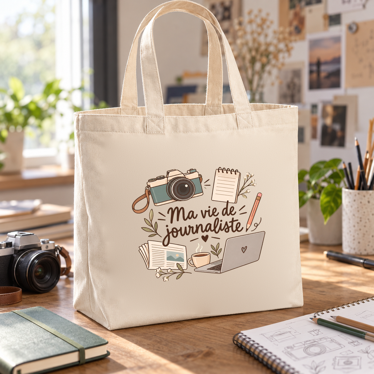 Tote bag journaliste « Ma vie de journaliste » Premium posé sur un bureau, à côté d'un appareil photo et de carnets