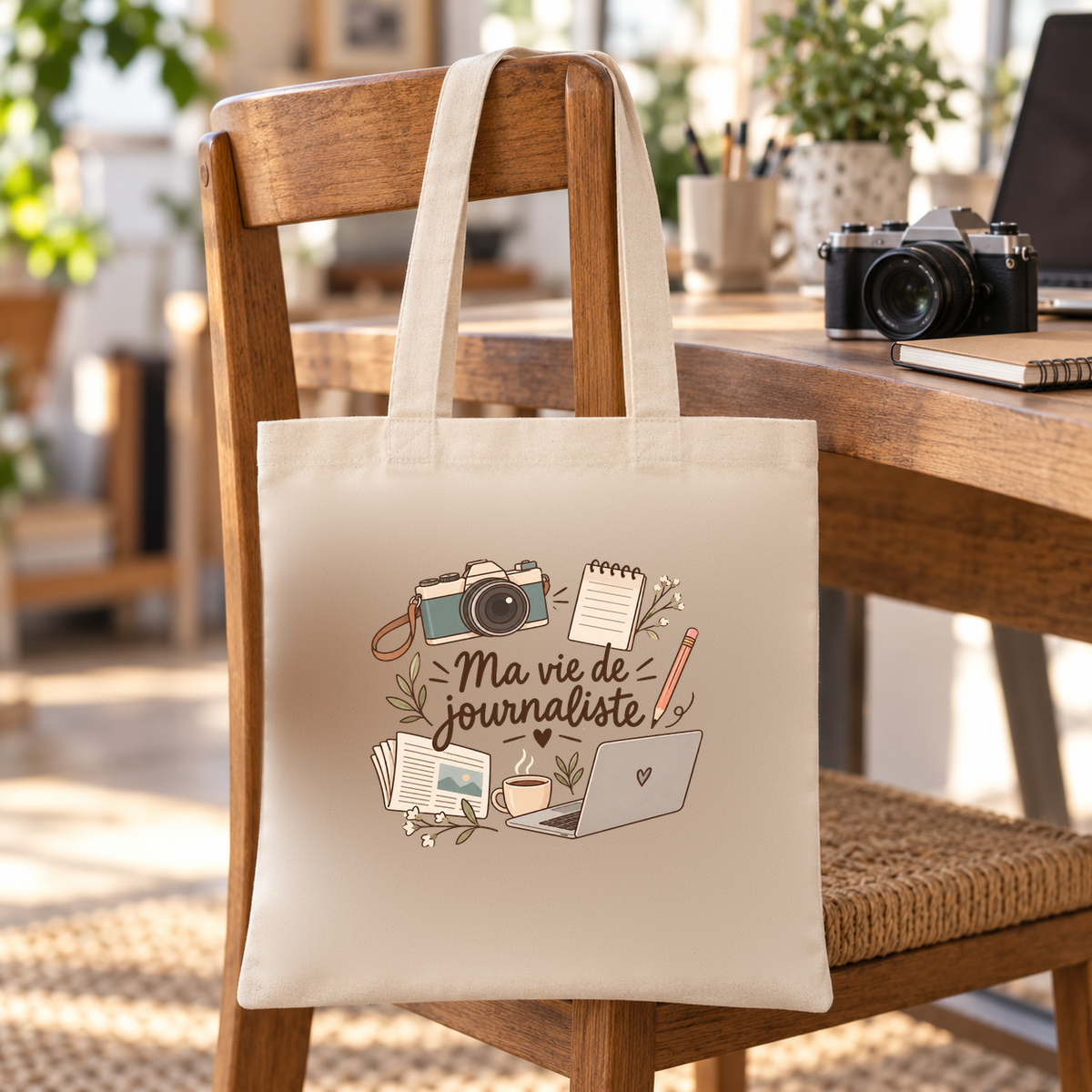 Tote bag journaliste « Ma vie de journaliste » Essentiel suspendu à une chaise de la rédaction, à côté d'un appareil photo