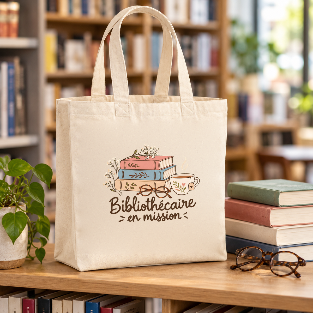 Tote bag bibliothécaire « Bibliothécaire en mission » Premium posé sur une table de lecture, à côté de livres et de lunettes
