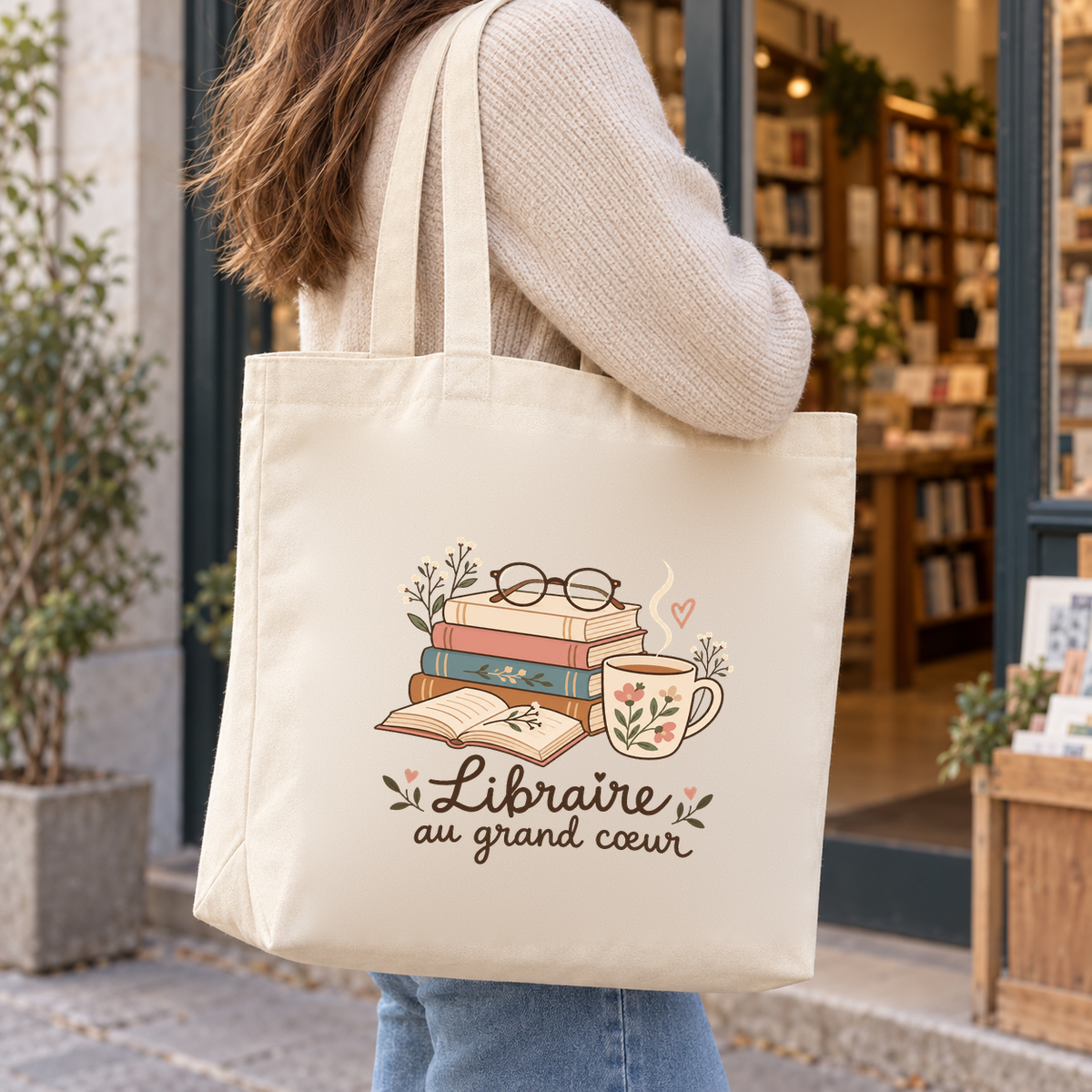Tote bag libraire « Libraire au grand cœur » Premium porté à l'épaule devant une librairie