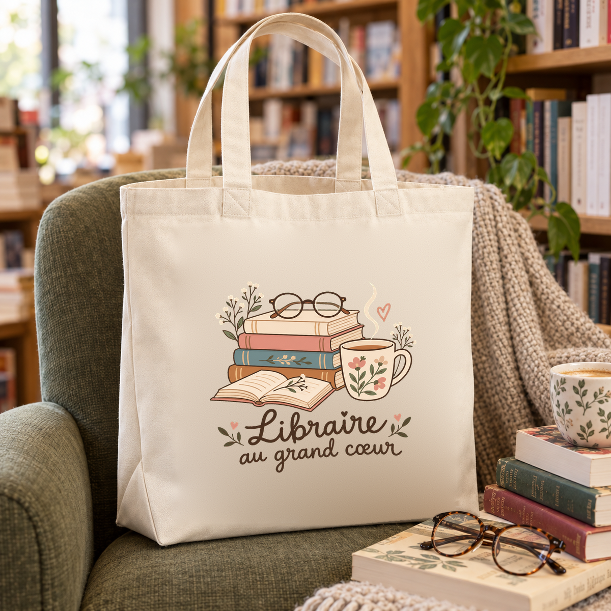 Tote bag libraire « Libraire au grand cœur » Premium posé sur un fauteuil de lecture, à côté d'une pile de livres