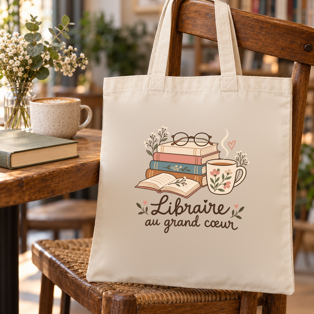 Tote bag libraire « Libraire au grand cœur » Essentiel suspendu à une chaise entre les rayonnages de la librairie