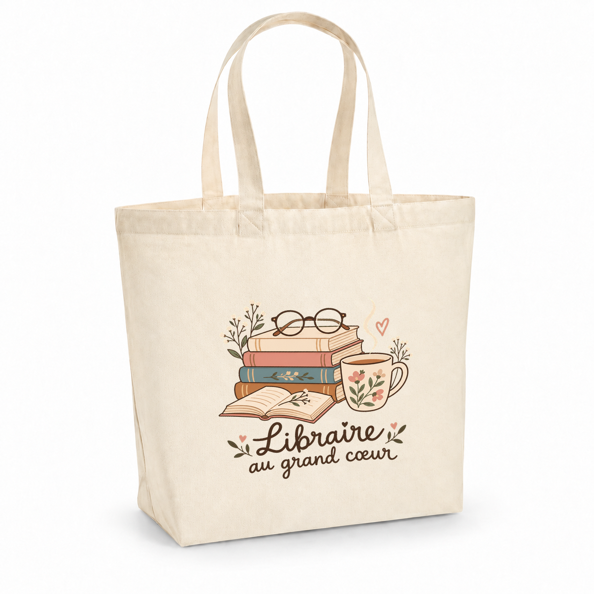 Tote bag libraire « Libraire au grand cœur » Premium, cabas à soufflet en coton naturel 200 g/m² de 18 litres, illustration bohème d'une pile de livres, d'une paire de lunettes et d'une tasse de thé