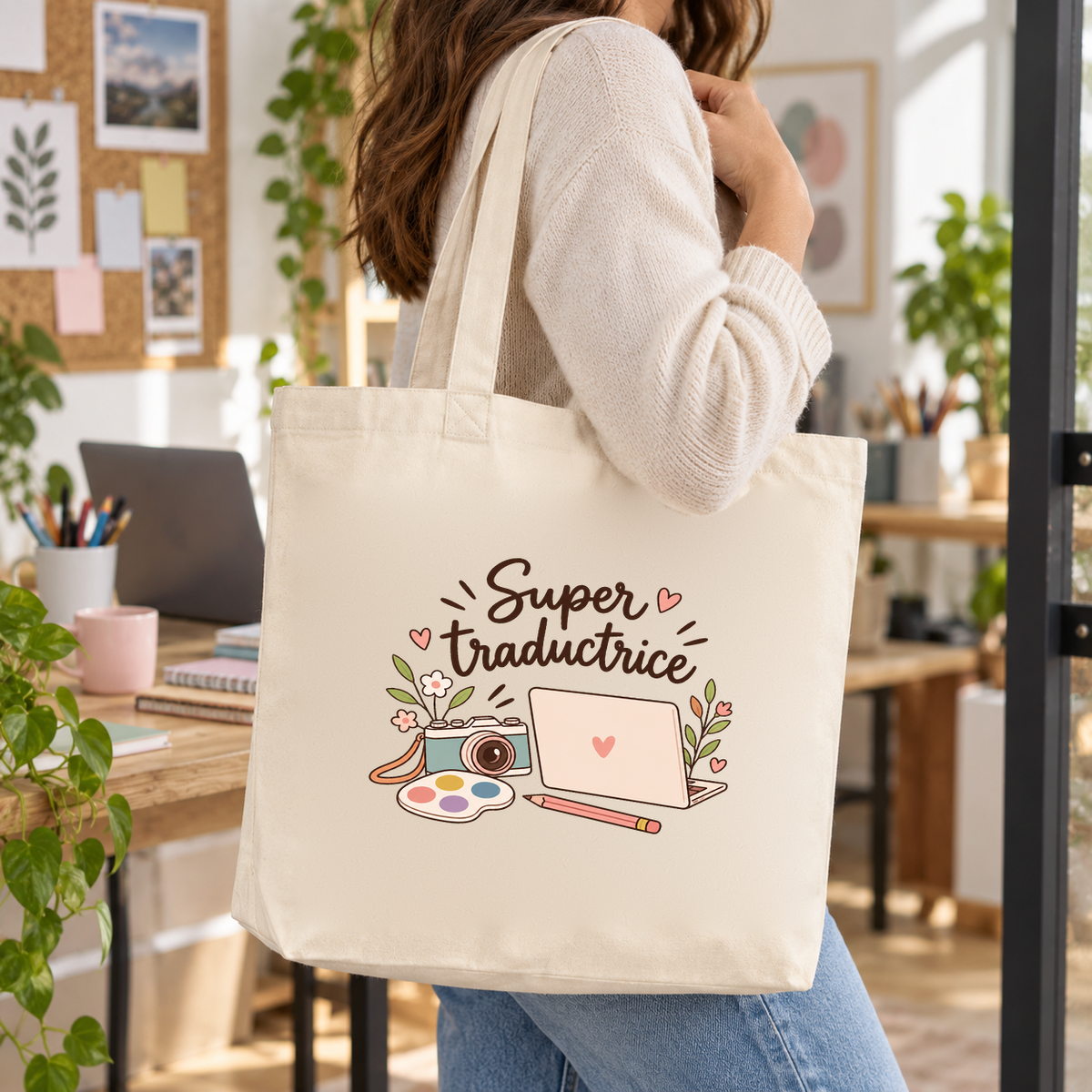 Tote bag traductrice « Super traductrice » Premium porté à l'épaule dans un bureau lumineux