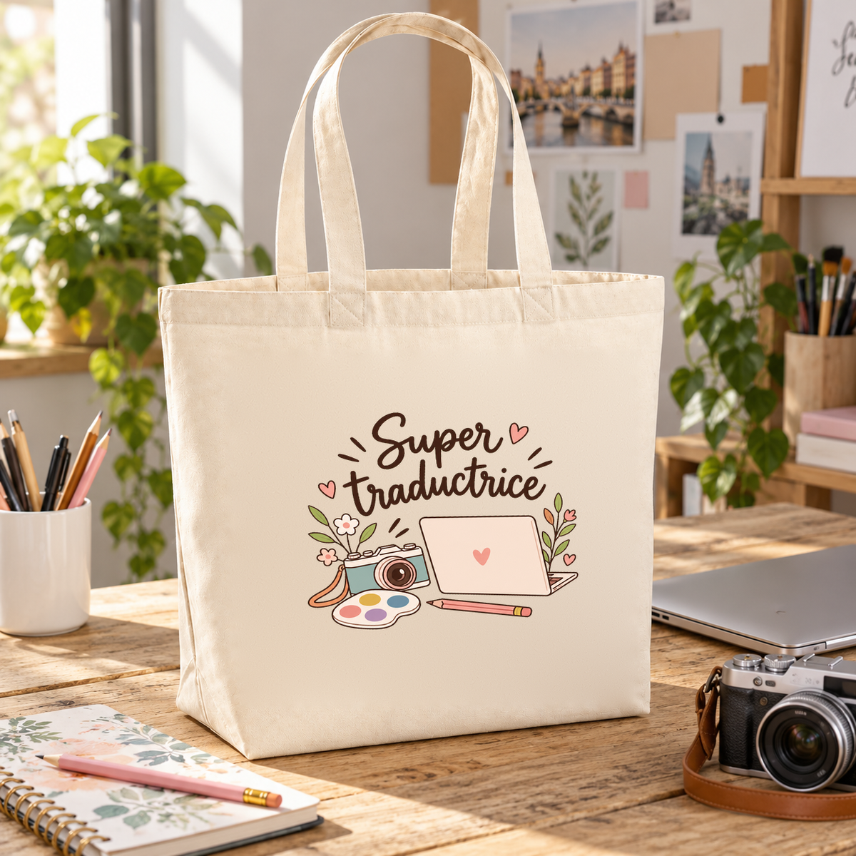 Tote bag traductrice « Super traductrice » Premium posé sur un bureau, à côté d'un carnet et d'un appareil photo